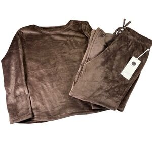 New Mix Womens Plush Fleece Lounge Set Coffee Brown 2pc Pajamas S/M NWT